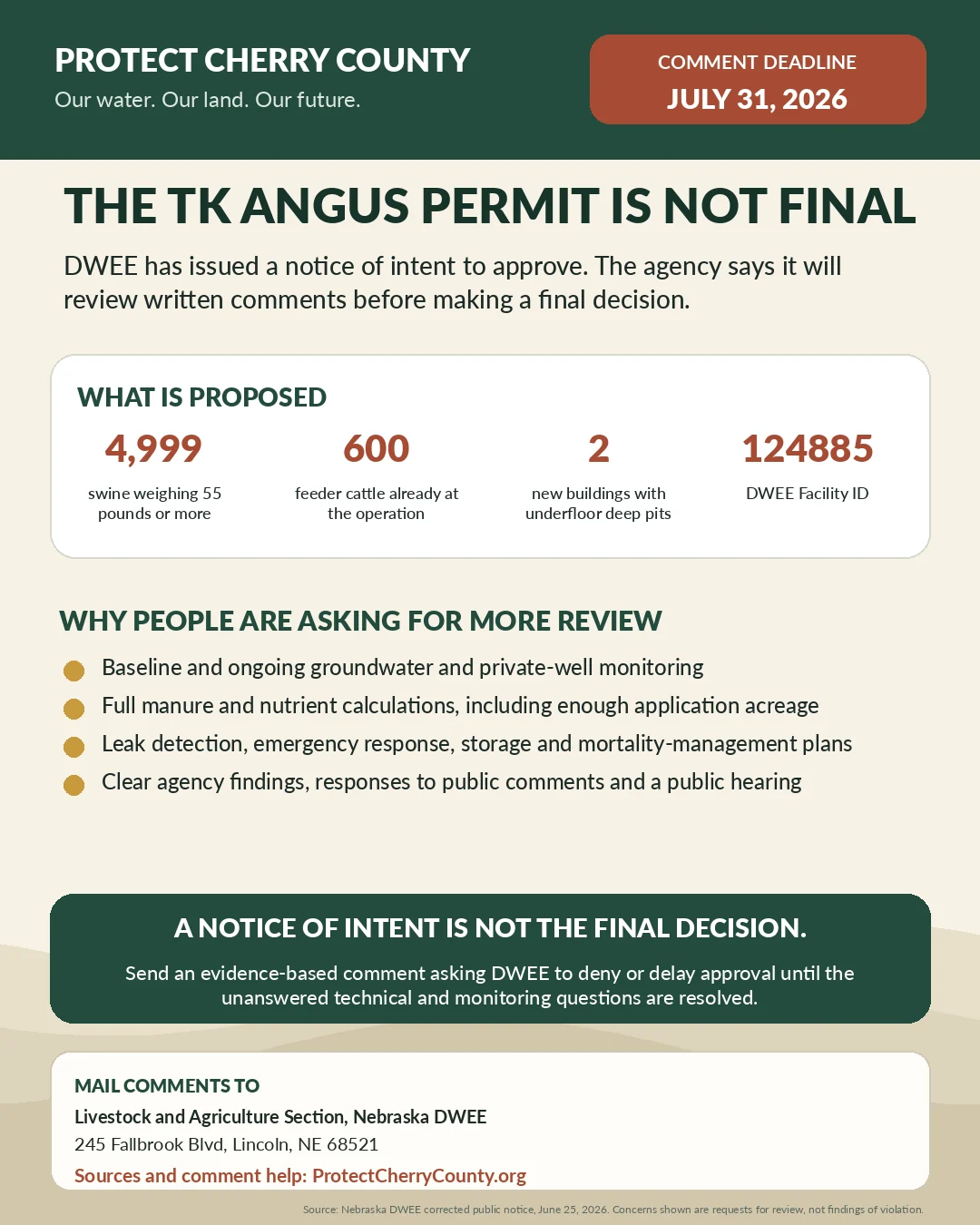 Protect Cherry County community graphic summarizing the TK Angus proposal and call for clear answers