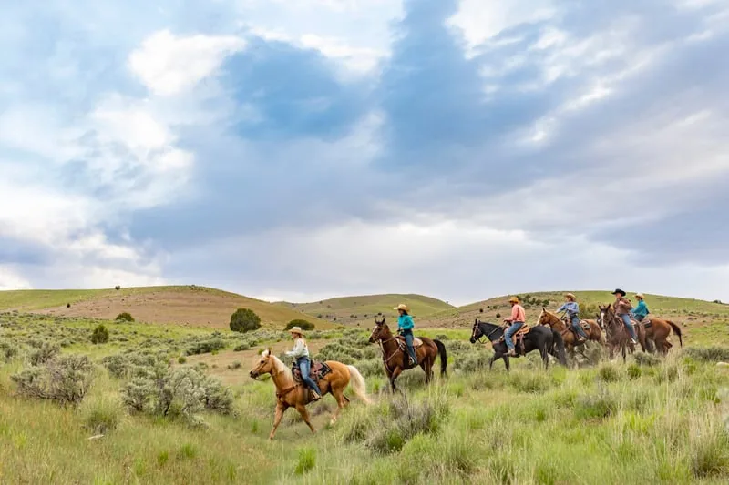 Ranchers riding horses across Sandhills grassland